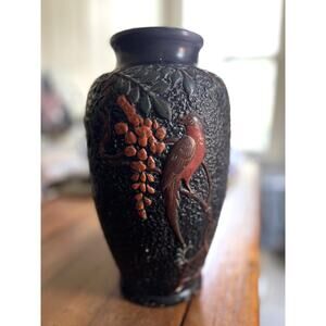 Vintage Textured Japanese Tokonabe Black Vase Bird and Flowers